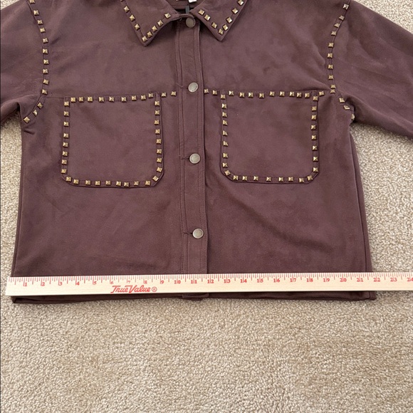 VIGOSS- Brown Faux Suede Studded Trucker Jacket Gold Stud Western Rock Style - Picture 13 of 14